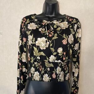 Lark + Grey Women's Black Floral Chiffon Smocked Waist Blouse - S - Black Floral